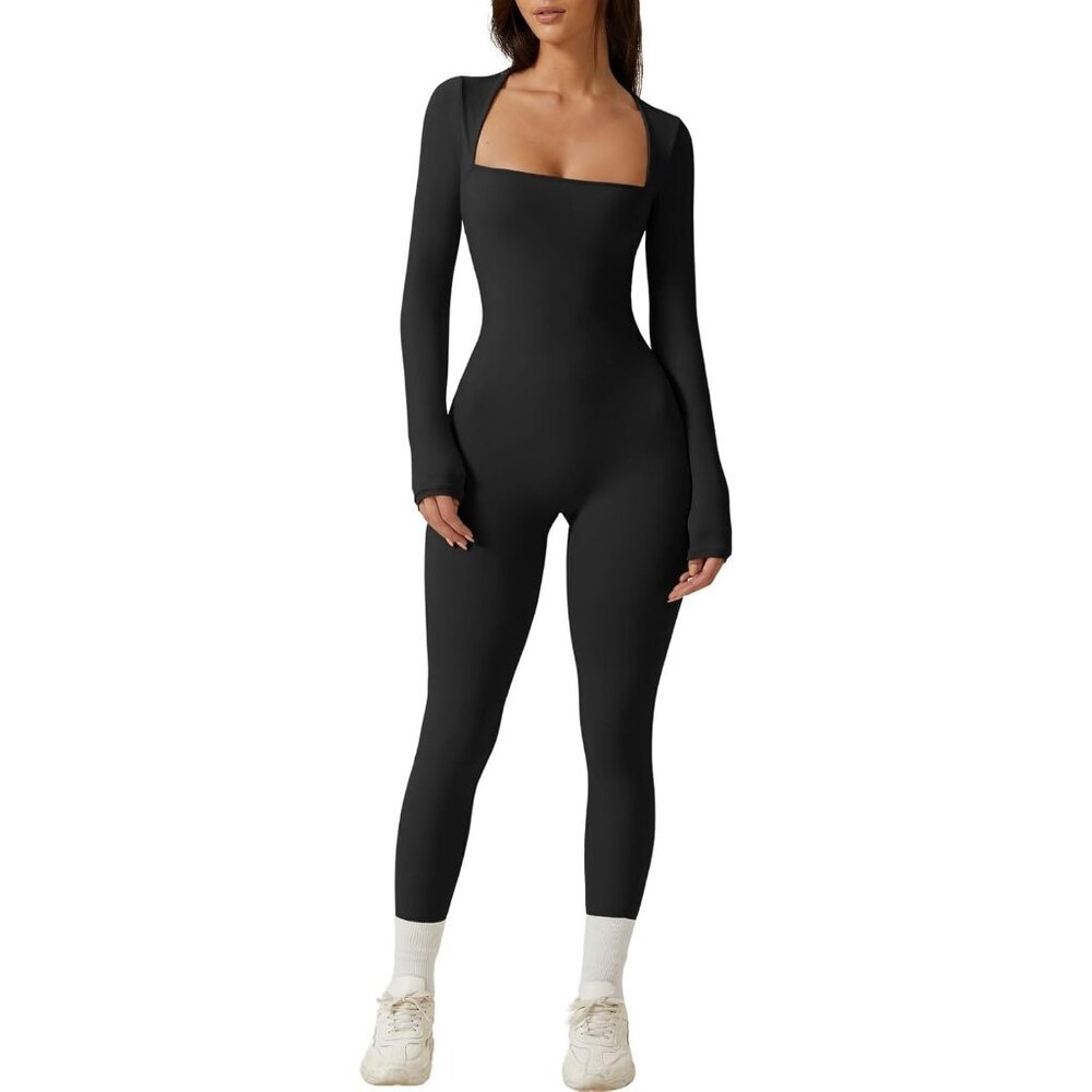Women Black Sexy Square Neck Long Sleeve Full Length Leggings Bodycon Jumpsuit